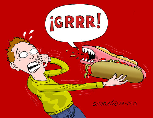 Cartoon: The scary food-processed meat. (medium) by Cartoonarcadio tagged food,scary,processed,foods,meat,who