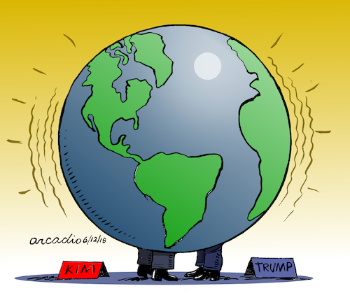 Cartoon: Trump-Kim and world. (medium) by Cartoonarcadio tagged trump,kim,nuclear,issues,usa,north,korea