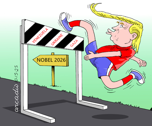 Cartoon: TRUMP IN HIS RACE FOR THE NOBEL (medium) by Cartoonarcadio tagged trump,nobel,peace,middle,east
