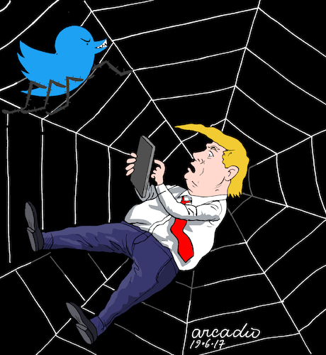 Cartoon: Trump trapped in the net. (medium) by Cartoonarcadio tagged trump,internet,twitter,president,usa,america