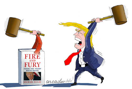 Cartoon: Trump vs. Book. (medium) by Cartoonarcadio tagged trump,book,michael,wolf,white,house