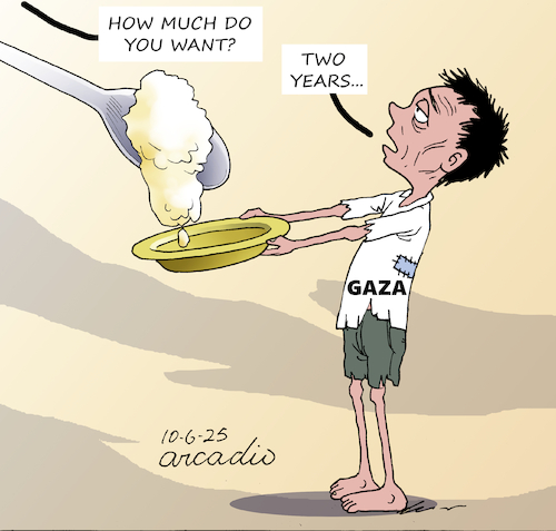 Cartoon: TWO YEARS OF WAR AND HUNGER. (medium) by Cartoonarcadio tagged kids,gaza,hunger,middle,east
