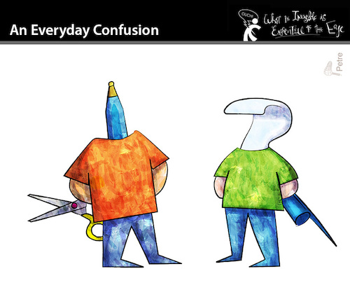 Cartoon: An Everyday Confusion (medium) by PETRE tagged confusion,verwirrung,scissor,schere,paper,papier