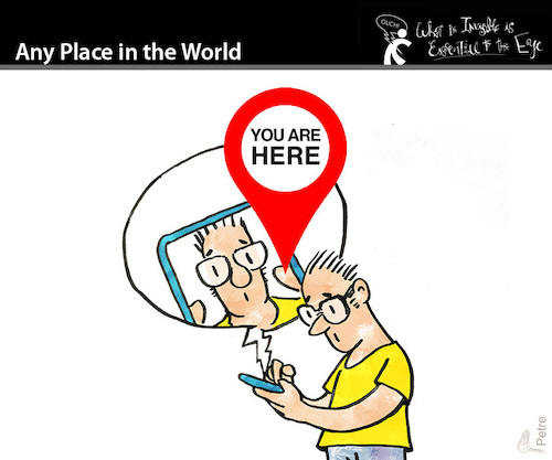 Cartoon: Any Place in the World (medium) by PETRE tagged smartphones,reality,escape,virtuality,map,territory