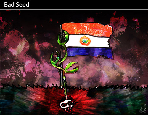 Cartoon: Bad Seed (medium) by PETRE tagged paraguay,coupdetat,transgenic,seed