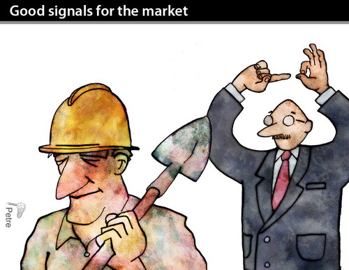 Cartoon: Good Signals for the markets (medium) by PETRE tagged crisis,wall,street,workers