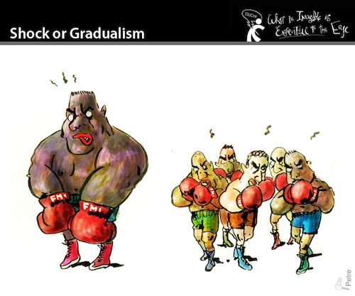 Cartoon: Shock or Gradualism (medium) by PETRE tagged argentina,fmi,crisis