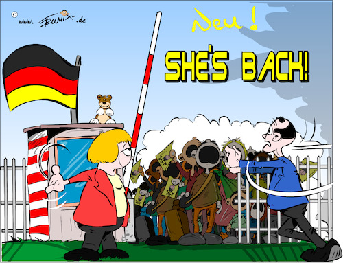 Cartoon: Merkel is back (medium) by Trumix tagged merkel,wahlkamp,merz,buch,bundestagswahl2025,trumix,migrationspolitik,migration,merkel,wahlkamp,merz,buch,bundestagswahl2025,trumix,migrationspolitik,migration