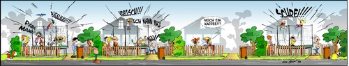 Cartoon: Neues aus der Reihenhaussiedlung (medium) by Trumix tagged reihenhaus,sieldung,trampolin,vorgarten,kinder,ruhe,spass,geschrei