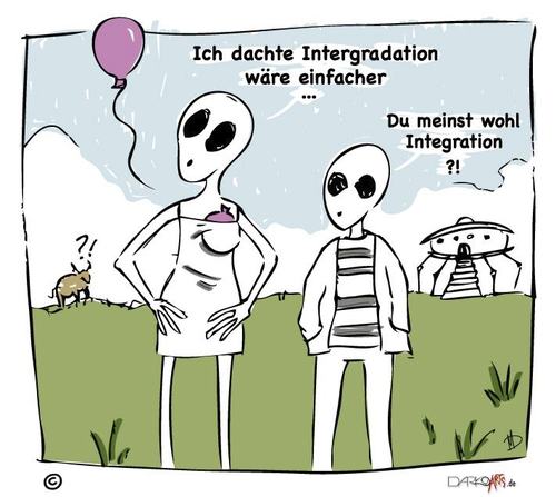 Cartoon: Wenn Aliens landen.. (medium) by darkoarts tagged alien,cartoon,technik,ufo,ballon,mann,frau,integration,landschaft,sozialkritisch,politik,bücher