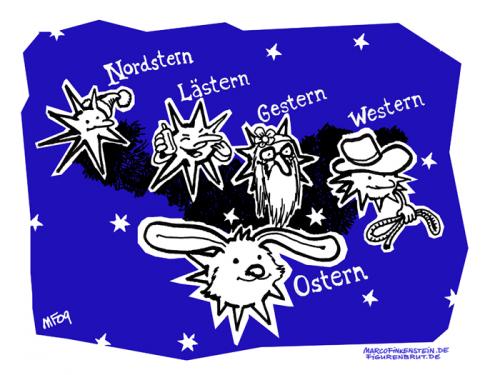 Cartoon: Frohes RumEiern! (medium) by MarcoFinkenstein tagged ostern,sternbilder,hase,lästern,nordstern,gestern,western