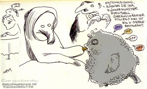 Cartoon: Hühnermonster (medium) by MarcoFinkenstein tagged huhn,hühner,monster,stillen,brust,titte,nippel,restaurant,fancy
