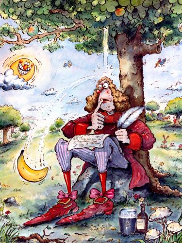 Cartoon: Sir Isaac Newton cartoon (medium) by Nick Lyons tagged science,apple,tree,nature,man,joke,cartoonist,lyons,nick,cartoon,newton,isaac,sir