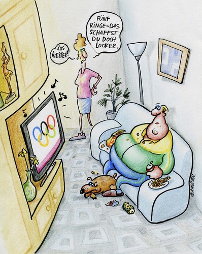 Cartoon: heimspiele (medium) by Petra Kaster tagged olympia,tv,sport,wettbewerbe,essen,dicke,fitness