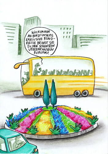 Cartoon: inselrundfahrt (medium) by Petra Kaster tagged urlaub,ferien,busreisen,tourismus,erkehr,gruppenreisen,verkehrsinseln,urlaub,ferien,busreisen,tourismus,erkehr,gruppenreisen,verkehrsinseln