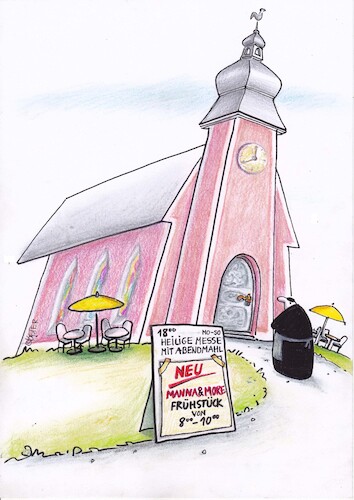 Cartoon: manna and more (medium) by Petra Kaster tagged kirche,religion,gastronomie,abendmahl,frühstück,kirche,religion,gastronomie,abendmahl,frühstück