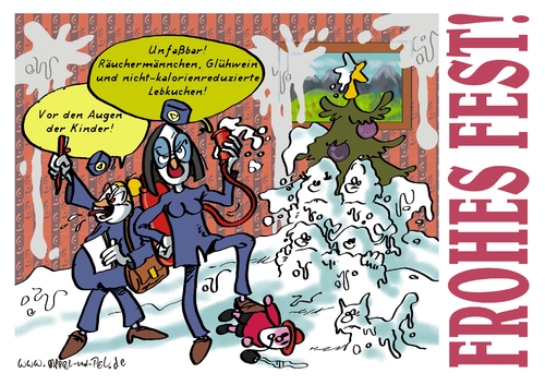 Cartoon: Gesunde Weihnachten! (medium) by Marcel und Pel tagged weihnachten,fest,gesundheit,gesundheitswahn,hysterie,verbote,verbotsolympiade,jugendschutz,entmündigung,bevormundung,umerziehung,räuchermännchen,glühwein,lebkuchen,löschschaum,ordnungsamt,mutti,mandy,rauchpatrouille