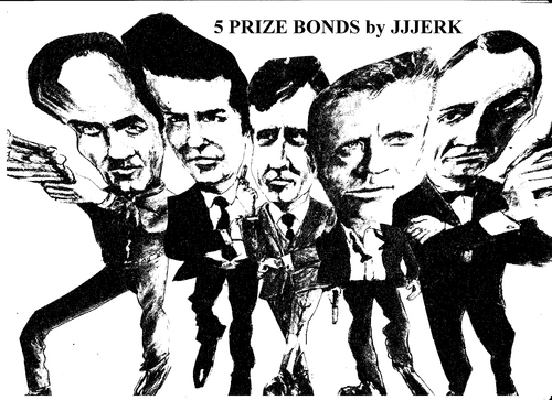 Cartoon: 5 Prize Bonds (medium) by jjjerk tagged bond,james,roger,moore,pierce,brosnan,george,lazenby,daniel,craig,sean,connery,gun,guns,actors,film,stars
