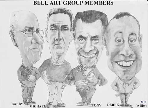 Cartoon: Bell Art Group members (medium) by jjjerk tagged caricature,derek,bobby,pencil,michael,tony,glasses,irish,bellcamp,village,art,group,cartooland