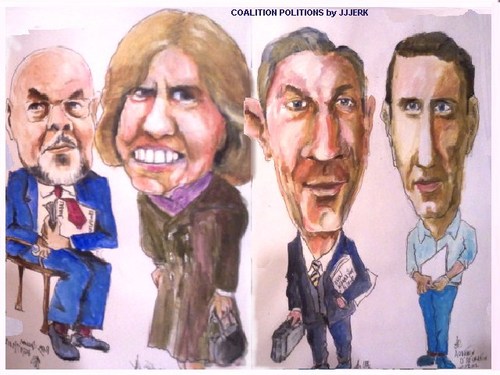 Cartoon: Coalition Polititans Ireland (medium) by jjjerk tagged coalition,politions,cartoon,caricature,labour,ireland,irish,blue,fine,gael