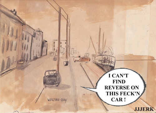 Cartoon: I cant find reverse (medium) by jjjerk tagged wexford,cartoon,caricature,shipping,ireland,boat,crane,lorry,1963