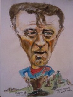 Cartoon: Robert Mirchum (medium) by jjjerk tagged portrait,hill,boot,caricature,cartoon,blue,red,films,film,cowboy,actor,mitchum,robert
