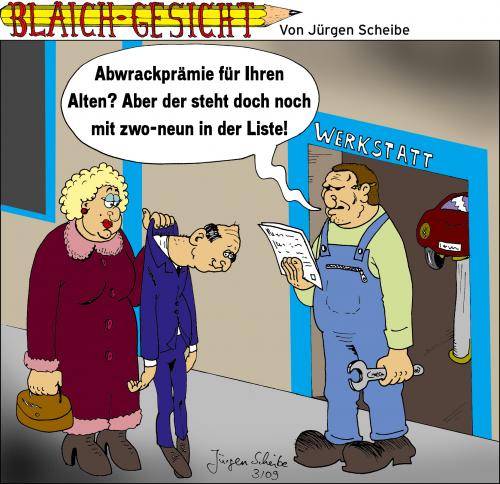 Cartoon: Blaichgesicht 71 (medium) by Scheibe tagged abwrackprämie,umweltprämie,2500,euro,werkstatt,auto,mechaniker,ehepaar,alter,listenpreis