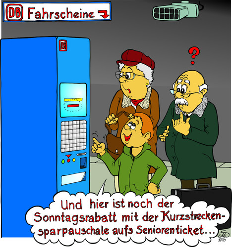Cartoon: Reisetücken (medium) by MiS09 tagged reisen,senioren,bahn,information,fahrscheinautomat,seniorenticket,fahrschein,lösen,hilfe,rabattdschungel