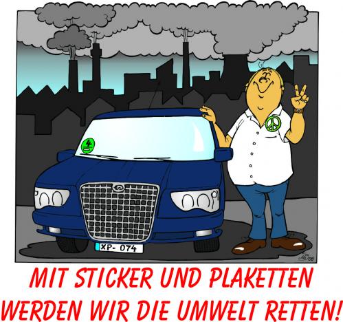 Cartoon: Wie wir die Umwelt retten (medium) by MiS09 tagged umwelt,klima,umweltplakette,umweltschutz,innenstädte,auto,abgase,umweltverschmutzung,co2ausstoß