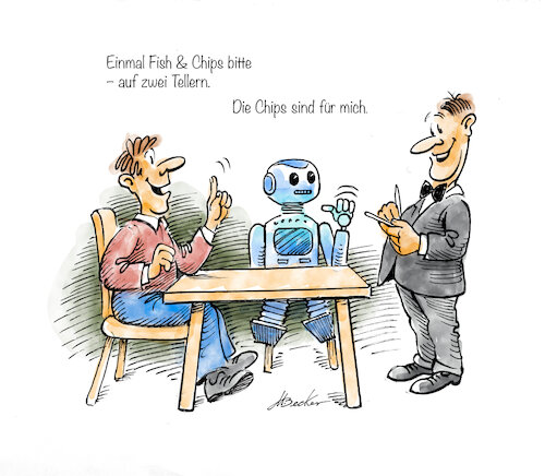 Cartoon: Fish and Chips (medium) by Michael Becker tagged fish,chips,roboter,restaurant