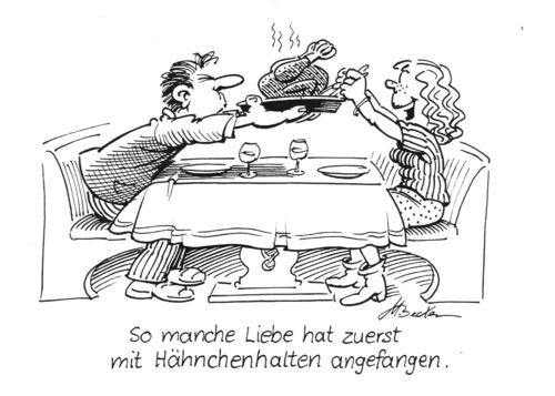 Cartoon: Hähnchen halten (medium) by Michael Becker tagged hähnchen,händchen,liebespaar,restaurant,essen,annäherung,spruch
