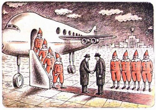 Cartoon: clowns (medium) by penapai tagged airport,meeting,flugzeug,ankunft,empfang,begrüßung,clowns,gefolgschaft,politiker