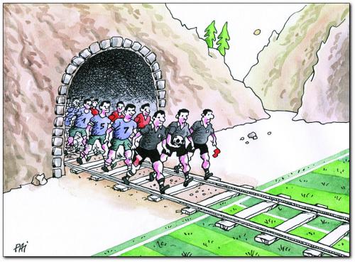 Cartoon: football 1 (medium) by penapai tagged sport,fussball,tunnel,schiedsrichter,linienrichter,spieler,zug,eisenbahn,schiene,marsch,halbzeit,sport,mannschaft,verlängerung,kämpfer,torwart,libero,stürmer,verteidiger,mittelfeldspieler,torschütze,nation,wm,em