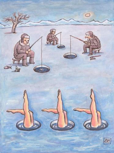 Cartoon: synchronic (medium) by penapai tagged fishing,eskimo,fischfang,fischen,winter,eis,akrobatik,beine,frau,mann,unterhaltung,illusion,halluzination,fata morgana,kunstschwimmen