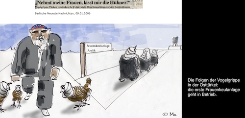 Cartoon: Frauenkeulanlage Aralik (medium) by Mol tagged mord,frauen,hühner,vogelgrippe