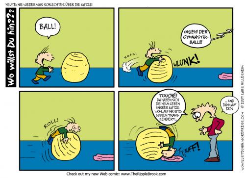 Cartoon: Die Sache mit den neun Leben (medium) by The Ripple Brook tagged katze,baby,gymnastikball,glück,leben,unfall