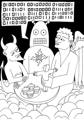 Cartoon: I am your god now (medium) by baggelboy tagged binary,angel,devil,robot
