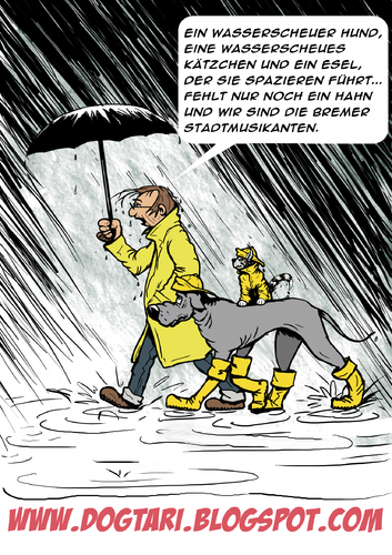 Cartoon: Bremer Stadtmusikanten (medium) by dogtari tagged spaziergang,katze,hund,dogge,regen,herbst,dogtari