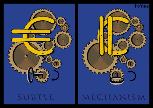 Cartoon: The Euro subtle mechanism (medium) by LeeFelo tagged gear,cogwheel,economic,turn,key,financial,crises,less,times,100,mechanism,subtle,euro