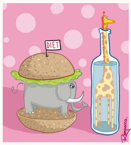 Cartoon: Diet (medium) by Marcelo Rampazzo tagged diet,essen,nahrung,ernährung,gastronomie,gesundheit,diät,illustration,burger,hamburger,fastfood,giraffe,elefant,tier,tiere