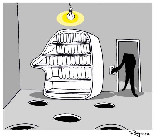 Cartoon: Ideas room (medium) by Marcelo Rampazzo tagged ideas,room,,wohnen,wohnzimmer,ideen,ideenfindung,inspiration,bücherregal,bücher,regal,schrank,lesen,löcher,boden,kopflos,bizarr,licht,fallen,gefahr