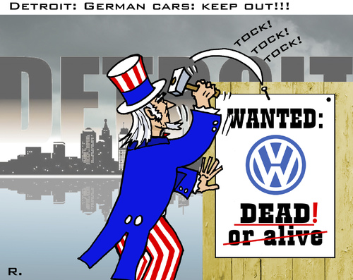 Cartoon: Detroit vs. Wolfsburg (medium) by RachelGold tagged detroit,wolfsburg,gm,vw,scandal,environment,emissions,economic,fight