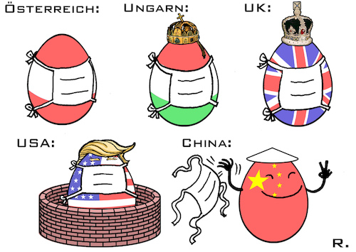 Cartoon: Ostereier 2020 (medium) by RachelGold tagged corona,virus,krise,ostern,ostereier,mundschutz,international