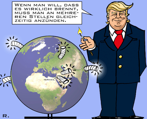 Cartoon: US-Zündler (medium) by RachelGold tagged usa,trump,international,feuer,krisen,anzünden,anfachen,weltkrieg