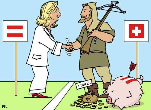 Cartoon: Wilhelm Tell 2012 (medium) by RachelGold tagged steuern,bank,deutschland,österreich,schweiz,finanzpakt