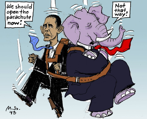 Cartoon: In Free Fall (medium) by MarkusSzy tagged usa,budget,shutdown,democrates,republicans,obama