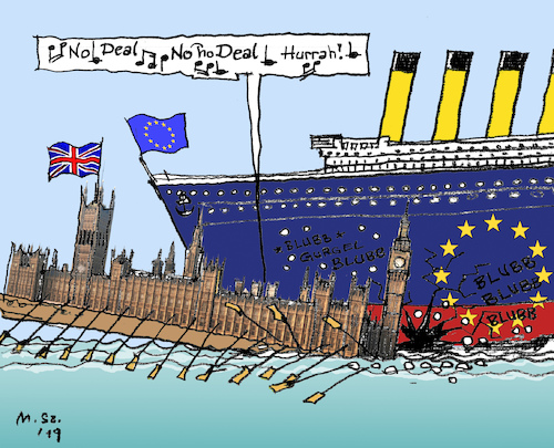 Cartoon: On Total Collision Course (medium) by MarkusSzy tagged eu,uk,britain,brexit,no,deal,may,ship,collision,course