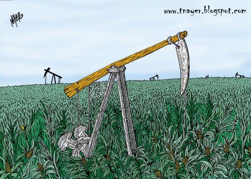 Cartoon: Oil (medium) by Nayer tagged corn,oil,agriculture,felid,ibis,hook,pollution,environment