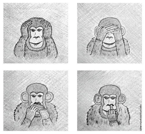 Cartoon: 4 wise monkeys (medium) by schmidibus tagged four,wise,apes,monkeys,vier,weise,affen,sprichwort,nichts,böses,sehen,hören,sagen,minai,kikanai,iwanai,stinkefinger,phallussymbol,digitus,impudicus