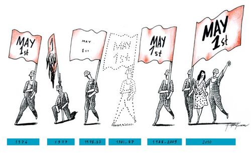 Cartoon: A_may_1st_history_in_somewhere (medium) by firuzkutal tagged 1st,may,laborday,labor,arbeichen,travailleur,worker,unemployment,dayanisma,solidaritycrisisisci,is,mayis,sol,left,flag